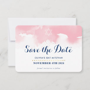 Carte De Remerciements SAVE LA DATE MITZVAH moderne étoile rose aquarelle
