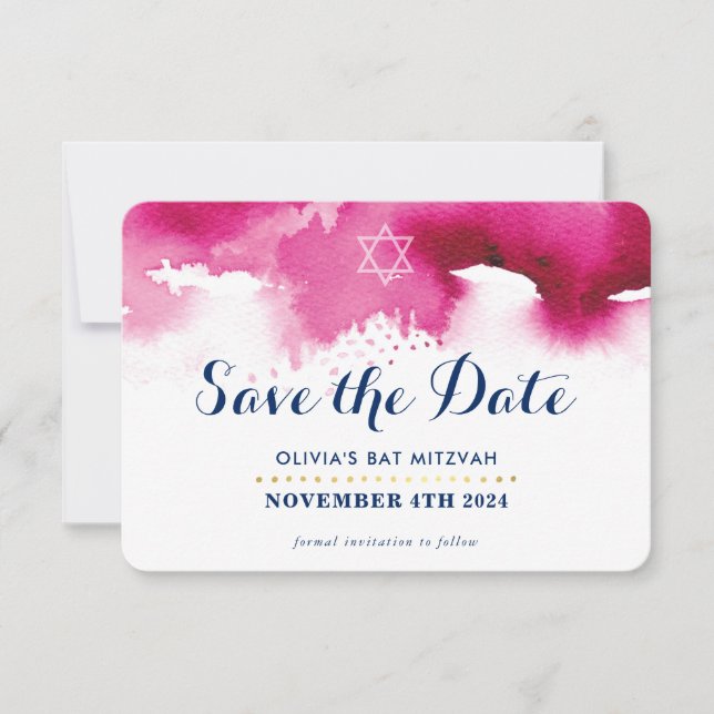 Carte De Remerciements SAVE LA DATE MITZVAH moderne étoile rose aquarelle (Devant)