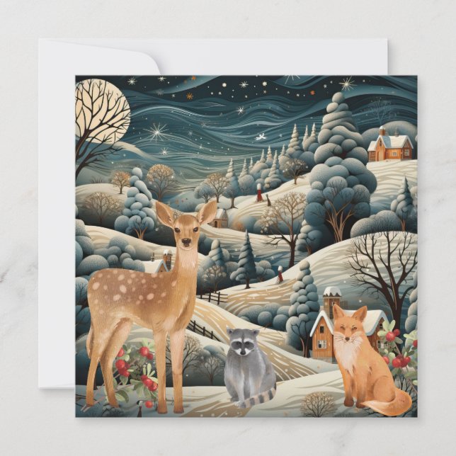 Carte De Remerciements Scène d'hiver Noël Bois Animaux (Devant)