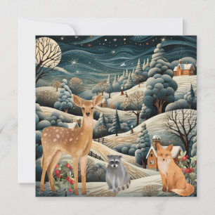 Carte De Remerciements Scène d'hiver Noël Bois Animaux