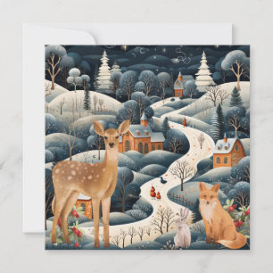 Carte De Remerciements Scène d'hiver Noël Bois Animaux