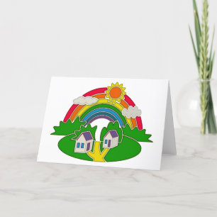 Carte De Remerciements Scène rurale avec arc-en-ciel et maison de campagn
