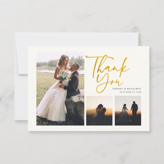 Carte De Remerciements Script 4 Photos Mariage Lettré Or (Devant)