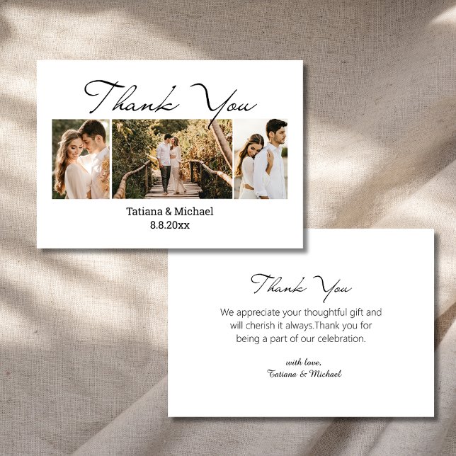 Carte De Remerciements script chic élégant 3 photos mariage (Créateur téléchargé)