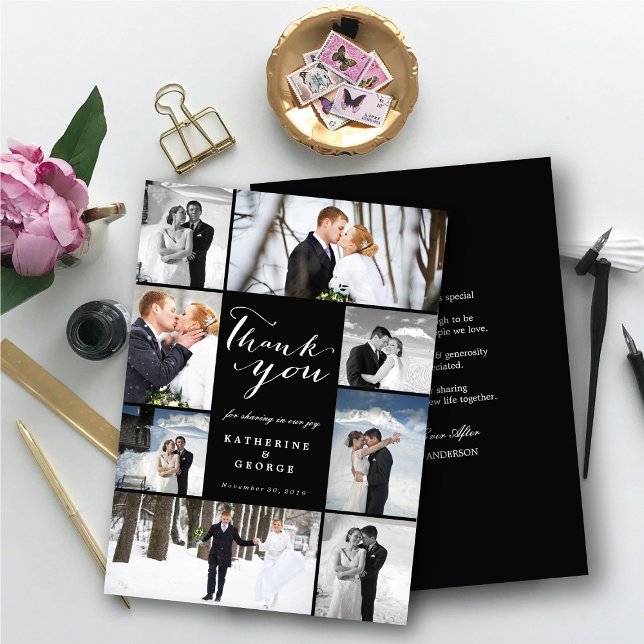 Carte De Remerciements Script classique moderne 8 Multi Photo Mariage élé (Modern Classy Script 8 Multi Photo Collage Stylish Wedding Thank You Card @ fatfatin_blue_knot)