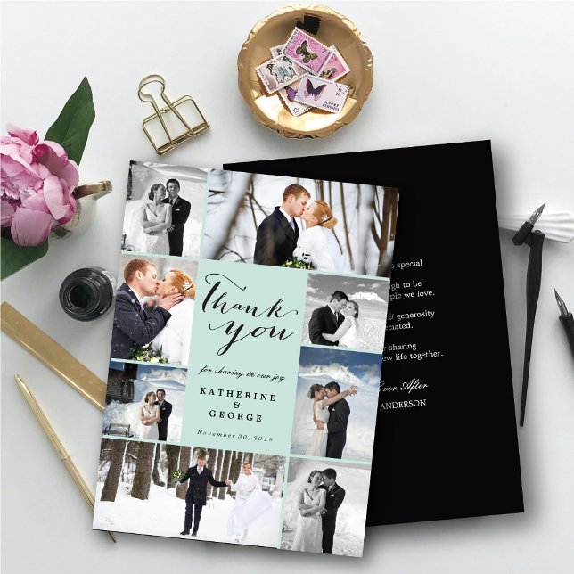 Carte De Remerciements Script classique moderne 8 Multi Photo Mariage élé (Modern Classy Script 8 Multi Photo Collage Stylish Wedding Thank You Card @ fatfatin_blue_knot)