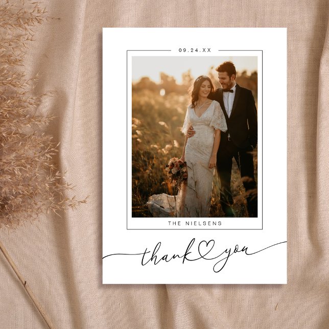 Carte De Remerciements Script cœur 2 Photo Mariage (Shown on a 5" x 7" card)
