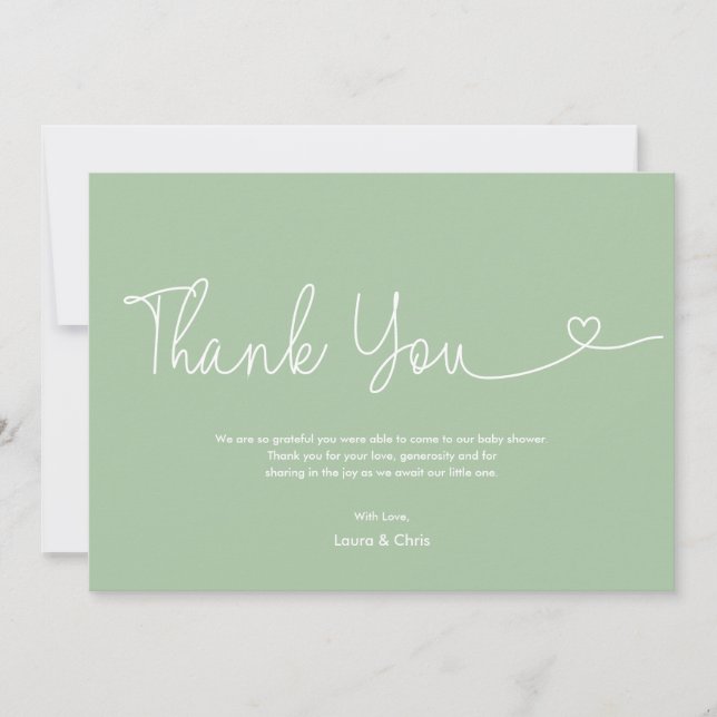 Carte De Remerciements Script cœur vert doux Fête de naissance neutre (Devant)