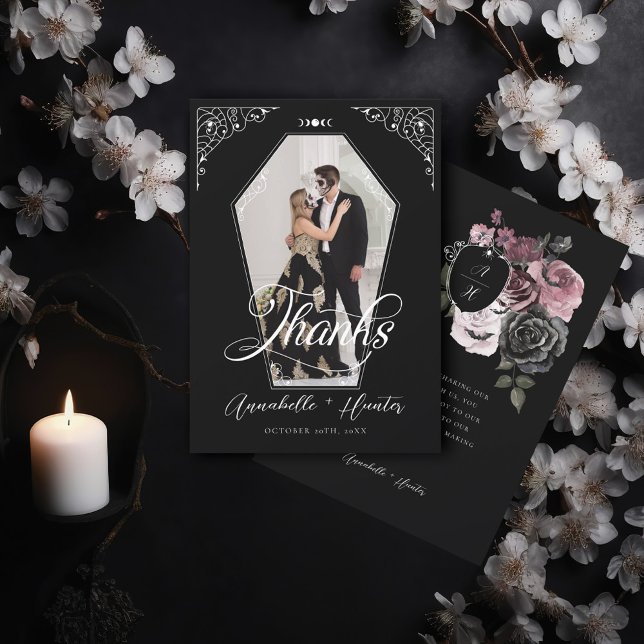 Carte De Remerciements Script Coffin Photo gothique Mariage d'Halloween (Script Coffin Photo Gothic Halloween Wedding Thank You Card)