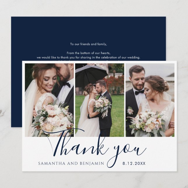 Carte De Remerciements Script de 3 photos de mariage élégant (Devant / Derrière)