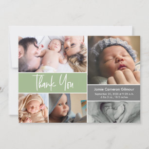 Carte De Remerciements Script de Baby shower de Collage de Photo Vert Mod