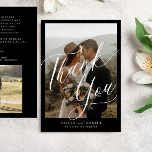 Carte De Remerciements Script de calligraphie moderne 2 photos mariage