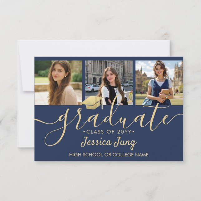 Carte De Remerciements Script de Collage de Diplôme avec 4 Photos Bleu Nu (Devant)