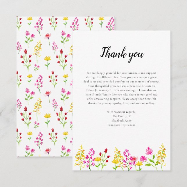 Carte De Remerciements Script de fleurs sauvages Remerciement de funérail (Devant / Derrière)