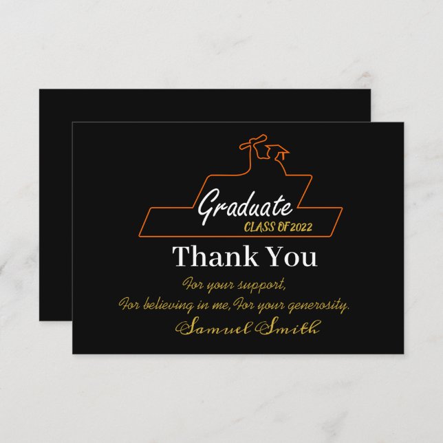 Carte De Remerciements Script de Graduation Gold & Black Classe de (Devant / Derrière)