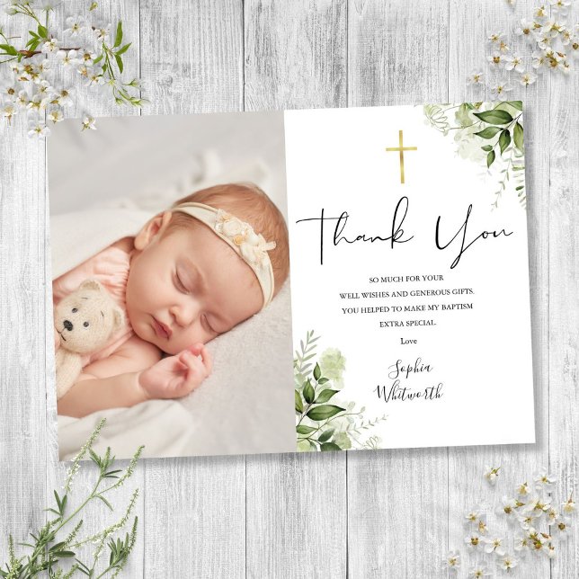 Carte De Remerciements Script de photo de baptême avec verdure (Baptism Christening Greenery Photo Script Thank You Card)