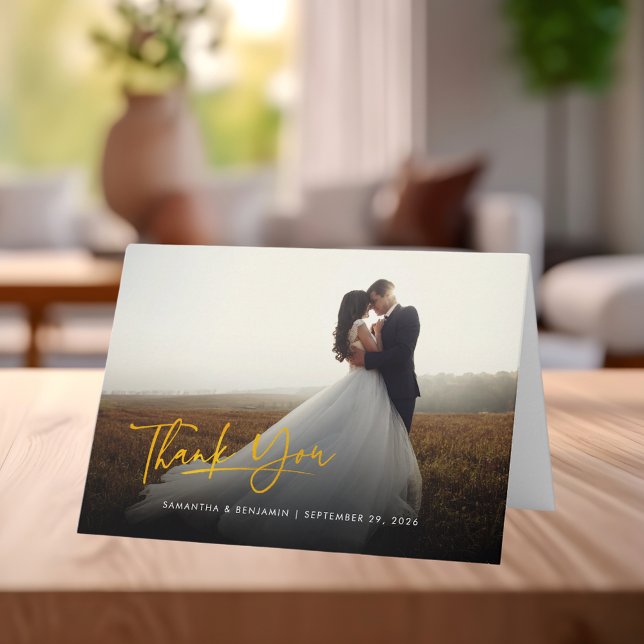 Carte De Remerciements Script de photo de jeunes mariés Élégant (Newlywed Photo Script Elegant Thank You Card)