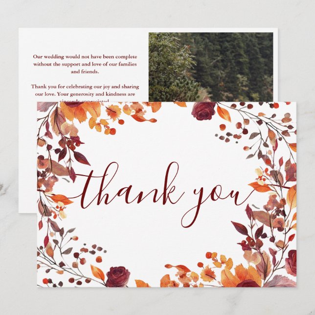 Carte De Remerciements Script de photo de mariage floral d'automne (Devant / Derrière)