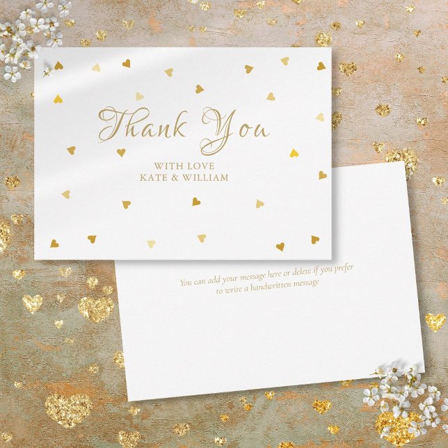 Carte De Remerciements Script de remerciement avec confettis de coeurs do (Gold Hearts Confetti Script Thank You)