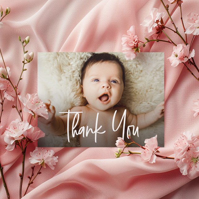 Carte De Remerciements Script de traitement de photos de bébé horizontal (Customizable horizontal baby photo thank you card.)