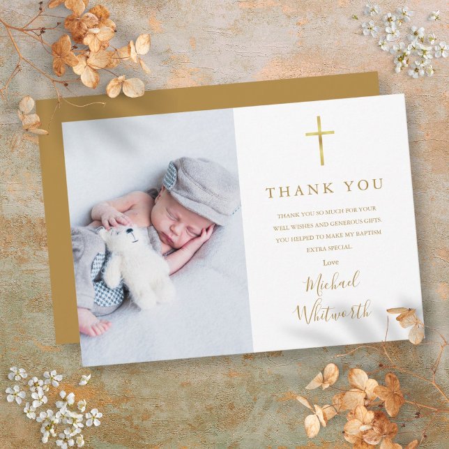 Carte De Remerciements Script élégant de signature de photo Baptême (Elegant Photo Signature Script Baptism Thank You Card)