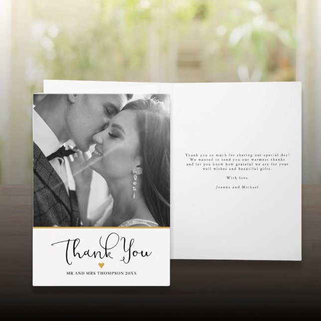 Carte De Remerciements Script élégant moderne Gold Heart Mariage photo (Modern Elegant Script Gold Heart Wedding Photo Thank You Card)