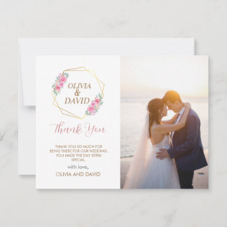 Carte De Remerciements Script Floral rose et Faux or | Mariage photo