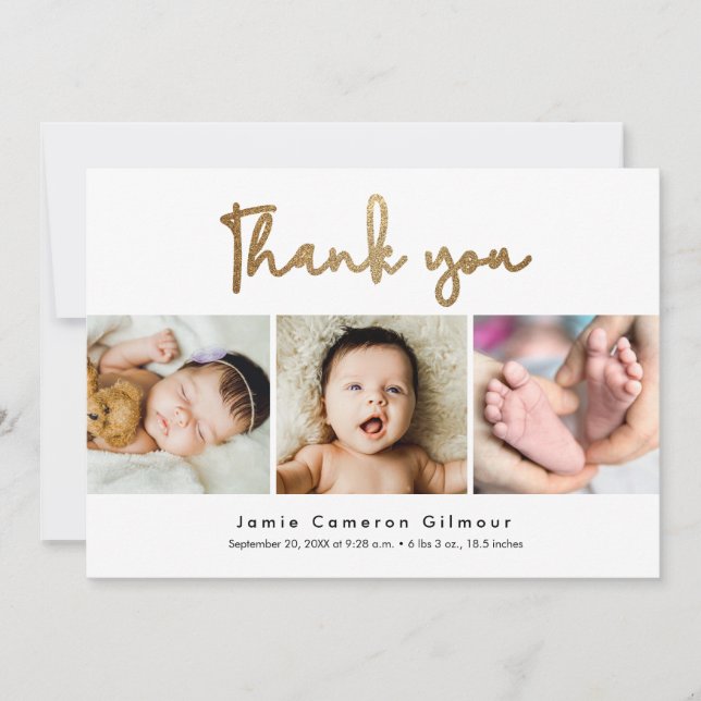 Carte De Remerciements Script Gold moderne Baby shower personnalisé 3 pho (Devant)