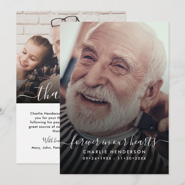 Carte De Remerciements Script manuscrit moderne 2-Photo Funérailles/Décès (Devant / Derrière)