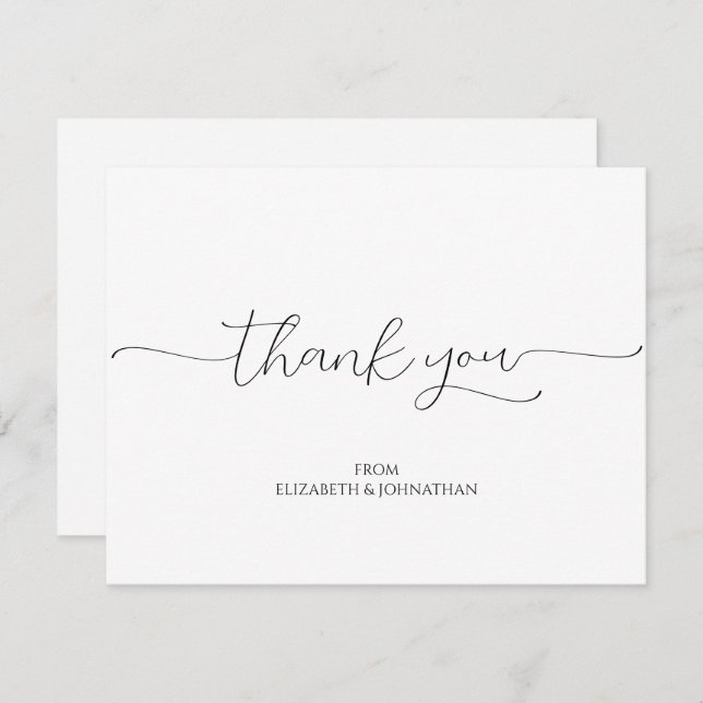 Carte De Remerciements Script minimal simple Mariage noir et blanc (Devant / Derrière)