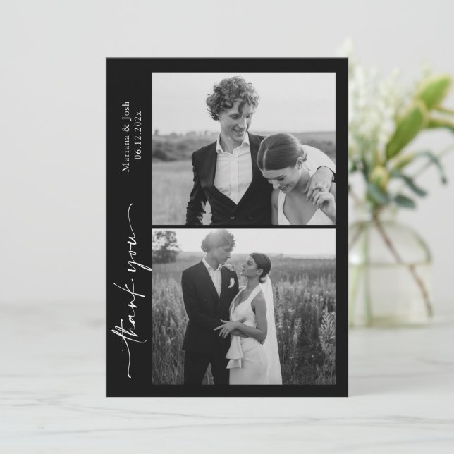 Carte De Remerciements Script Modern Wedding 2 Photos Thank You Card (Debout devant)