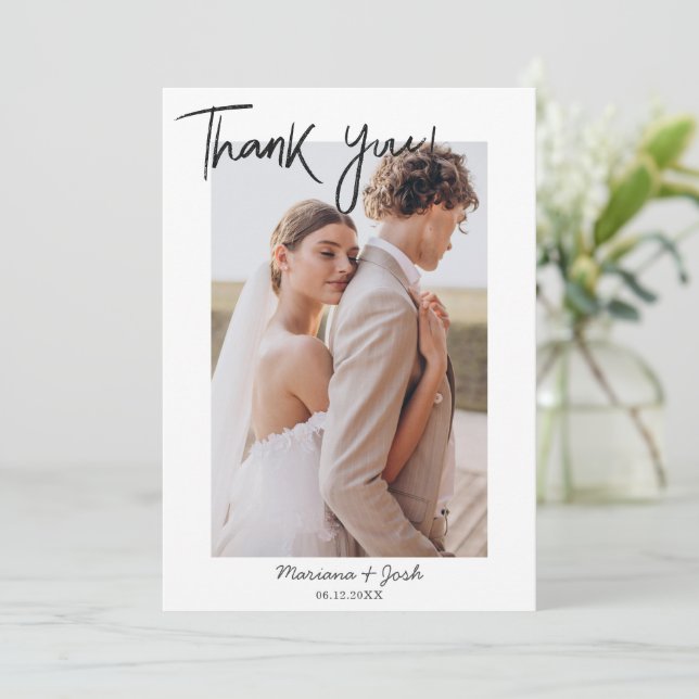 Carte De Remerciements Script Modern Wedding 2 Photos Thank You Card (Debout devant)