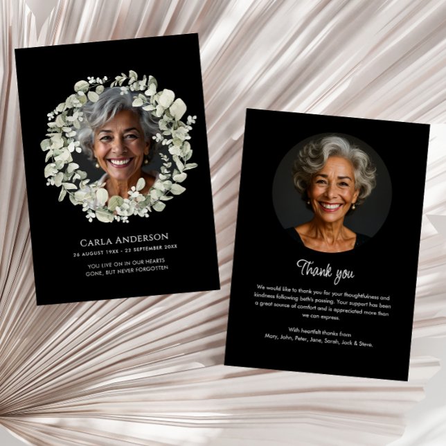 Carte De Remerciements Script moderne Eucalyptus 2 photos funérailles/Mém (Créateur téléchargé)