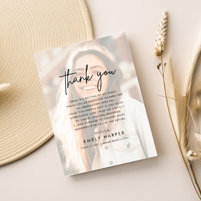Carte De Remerciements Script moderne Faux Vellum Overlay Photo Graduatio (Créateur téléchargé)