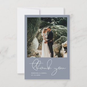 Carte De Remerciements Script moderne minimaliste photo Mariage bleu simp