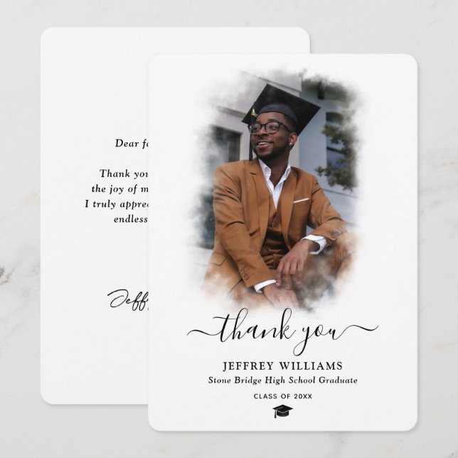 Carte De Remerciements Script moderne noir et blanc photo graduation (Devant / Derrière)