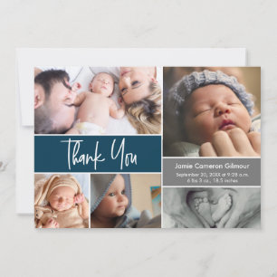 Carte De Remerciements Script moderne Photo Collage baby shower bleu fonc