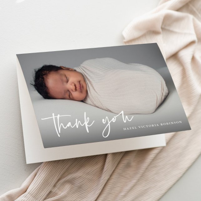Carte De Remerciements Script moderne Photo religieuse Baptême (Modern script typography overlay photo baptism thank you card.)