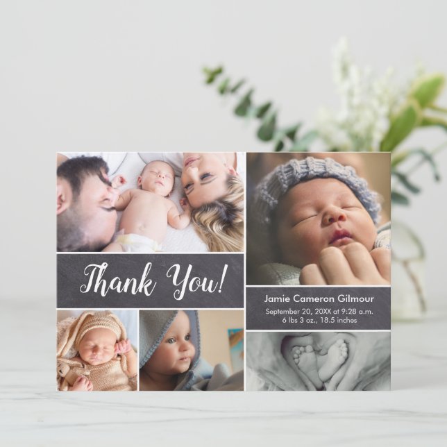 Carte De Remerciements Script moderne Photos Chalkboard Baby boy Douche (Debout devant)
