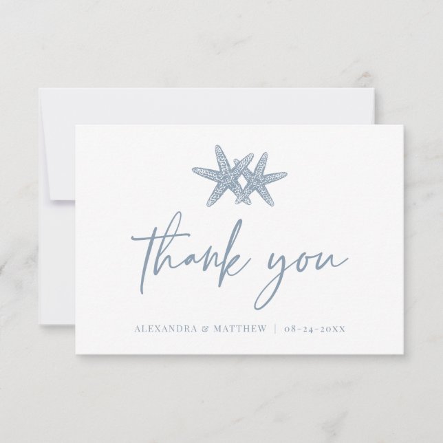 Carte De Remerciements Script moderne Plage Starfish Dusty Mariage bleu (Devant)
