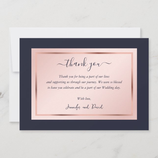 Carte De Remerciements Script Moderne Rose Gold et Bleu Marine Clair (Devant)