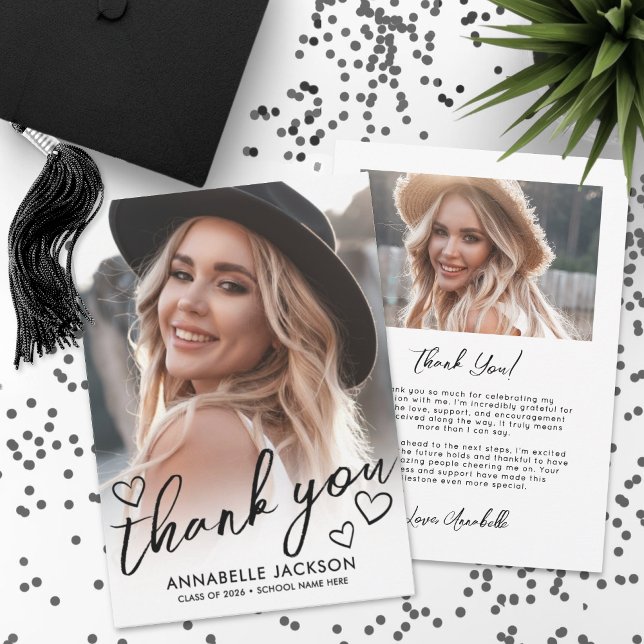 Carte De Remerciements Script Photo Cœur Diplômé (Photo Script Heart Graduation Thank You Card)