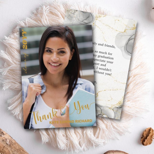 Carte De Remerciements Script photo moderne noir et or Coeur Diplômé (Créateur téléchargé)