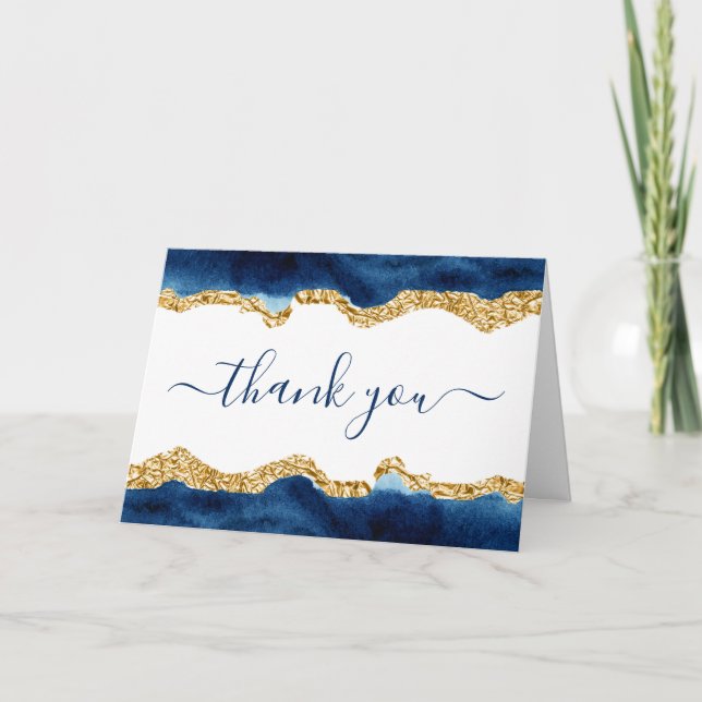 Carte De Remerciements Script Signature Bleu Marine Et Aquarelle Dorée (Devant)