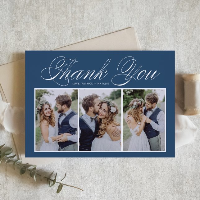 Carte De Remerciements Script Trois photo Collage Mariage bleu (Créateur téléchargé)