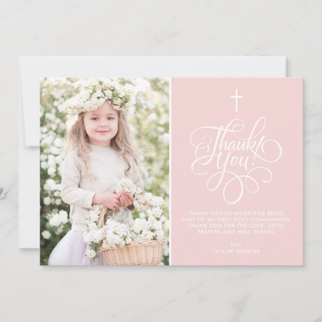 Carte De Remerciements Script Whimsical Blush Pink First Holy Communion (Devant)