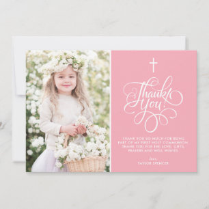 Carte De Remerciements Script Whimsical Pink First Holy Communion Photo