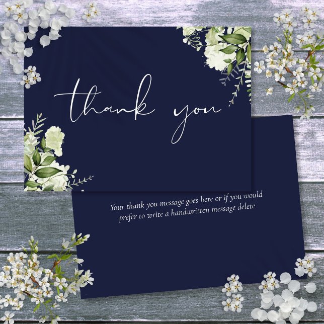 Carte De Remerciements Scripts élégants personnalisés Navy Blue Green (Personalized Navy Blue Greenery Elegant Script Thank You Card)