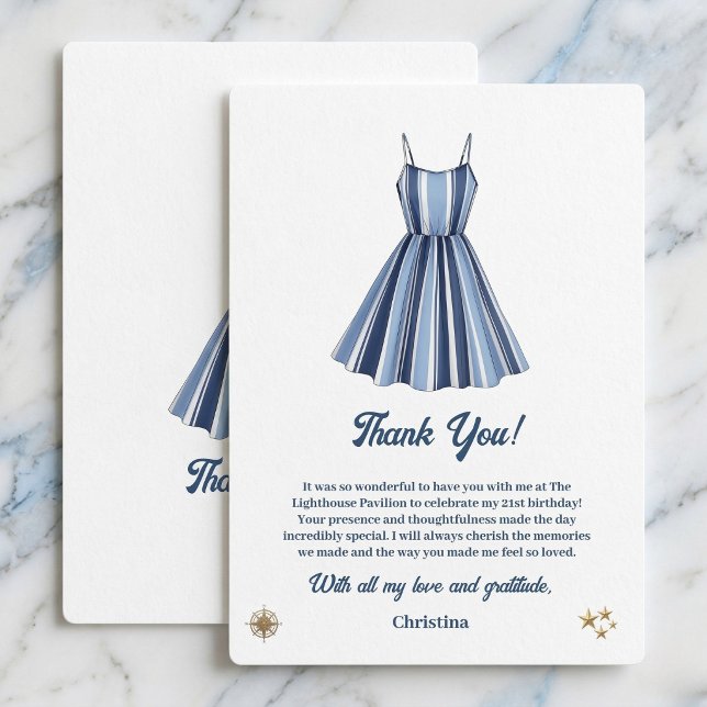 Carte De Remerciements Seaside Stripes Celebration Birthday    (Coastal chic birthday gratitude cards.)