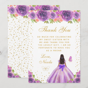 Carte De Remerciements Seize ans Fleur Violette Princesse Peau Noire